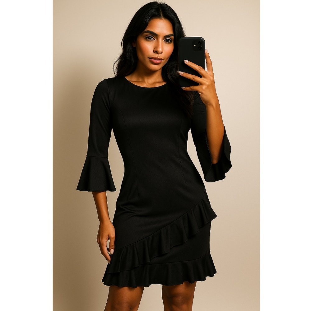 Shein Black Ruffle Hem Dress Bell Sleeve Party Vibes Size Small XS